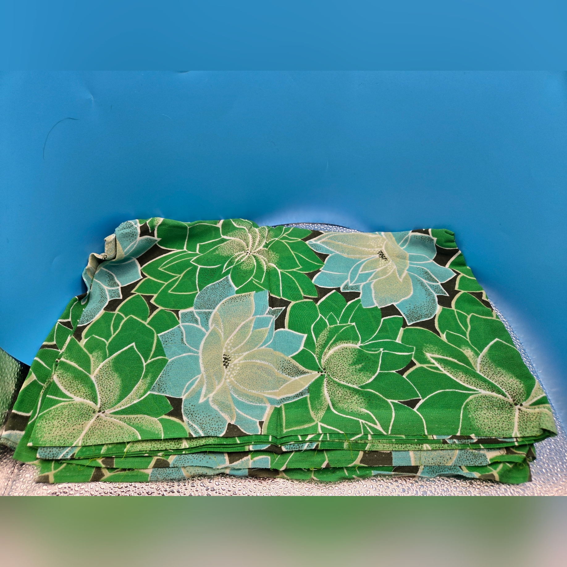 Classic Sage Green And Blue Floral Printed Chiffon Fabric Vintage